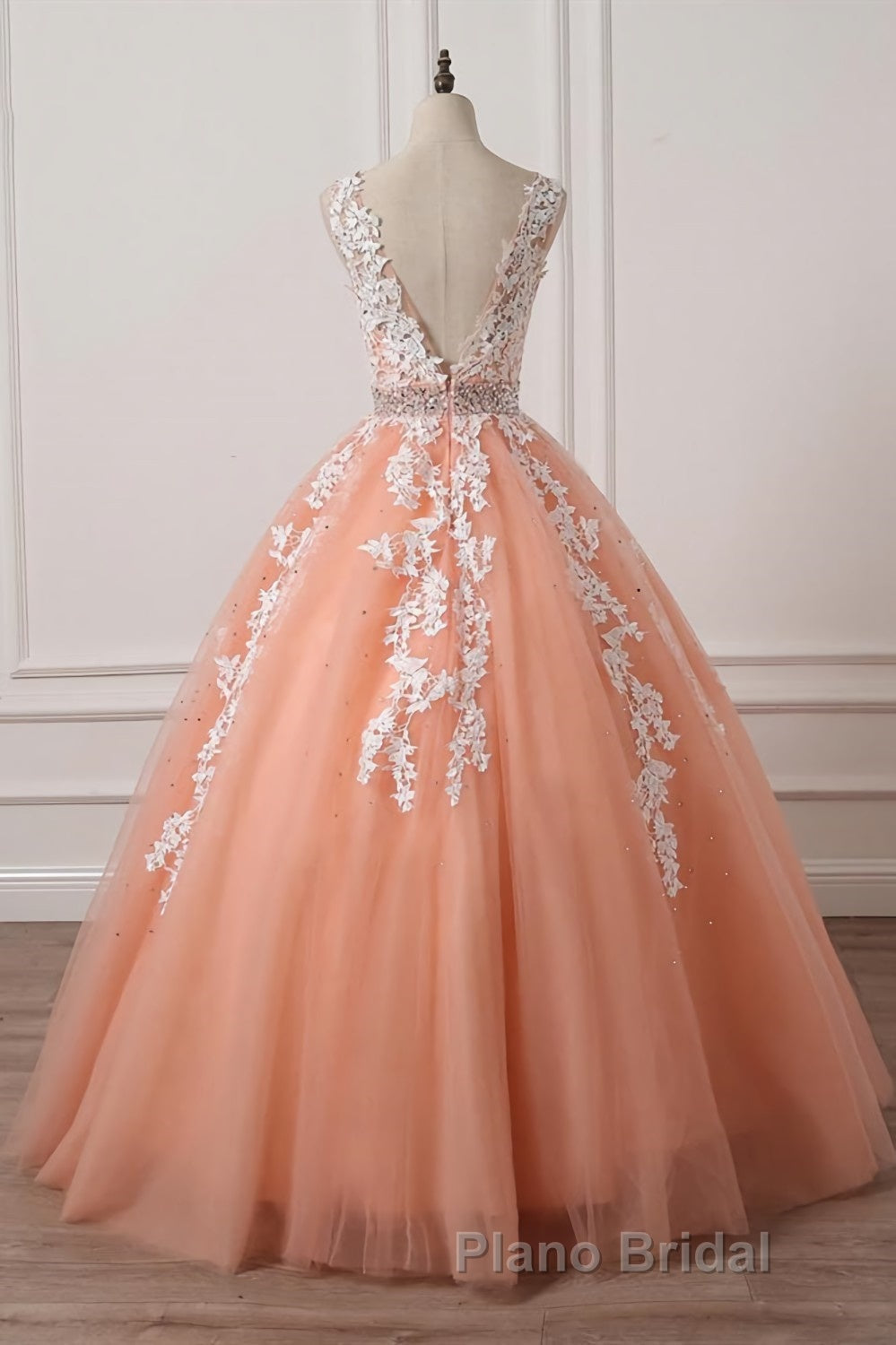 Gorgeous V Neck Open Back Coral Lace Floral Long Formal Prom Dress, Coral Lace Formal Dress, Coral Evening Dress with Appliques Secondary image