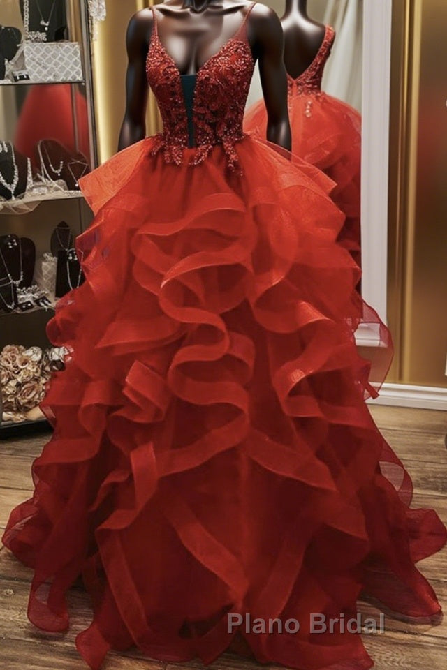 Gorgeous V Neck Open Back Red Lace Long Formal Prom Dress, Red Lace Formal Evening Dress, Red Ball Gown Main image