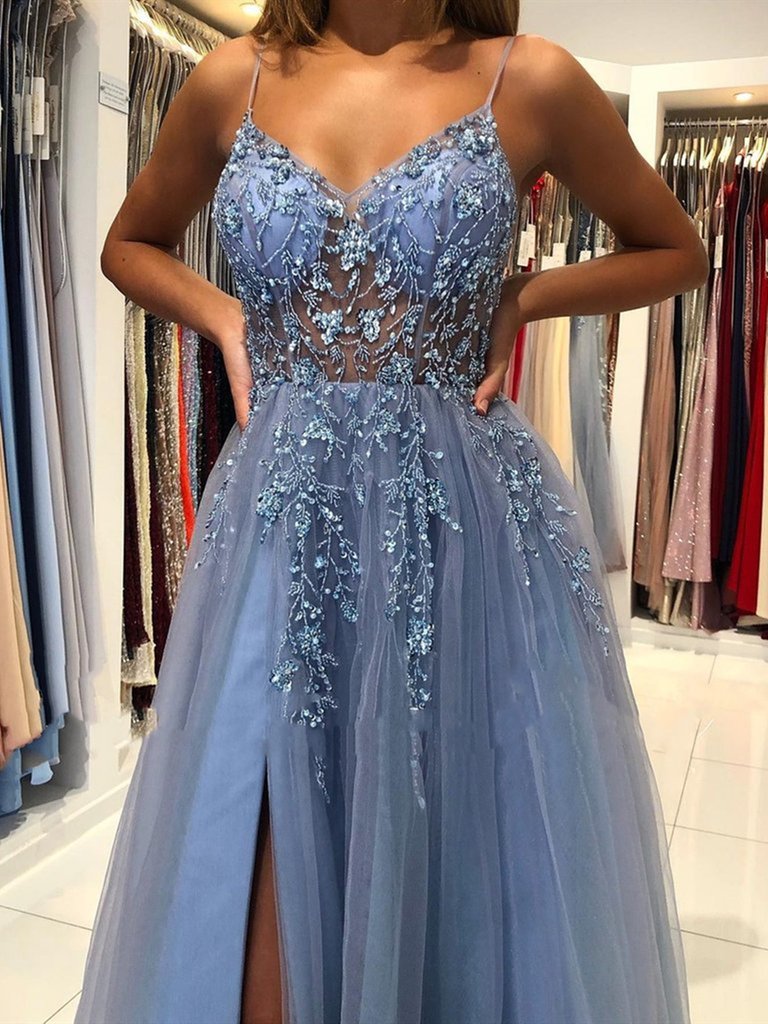 Gorgeous V Neck Open Back Smoky Gray Beaded Long Formal Prom Dresses, High Slit Smoky Grey Long Formal Evening Dresses Secondary image
