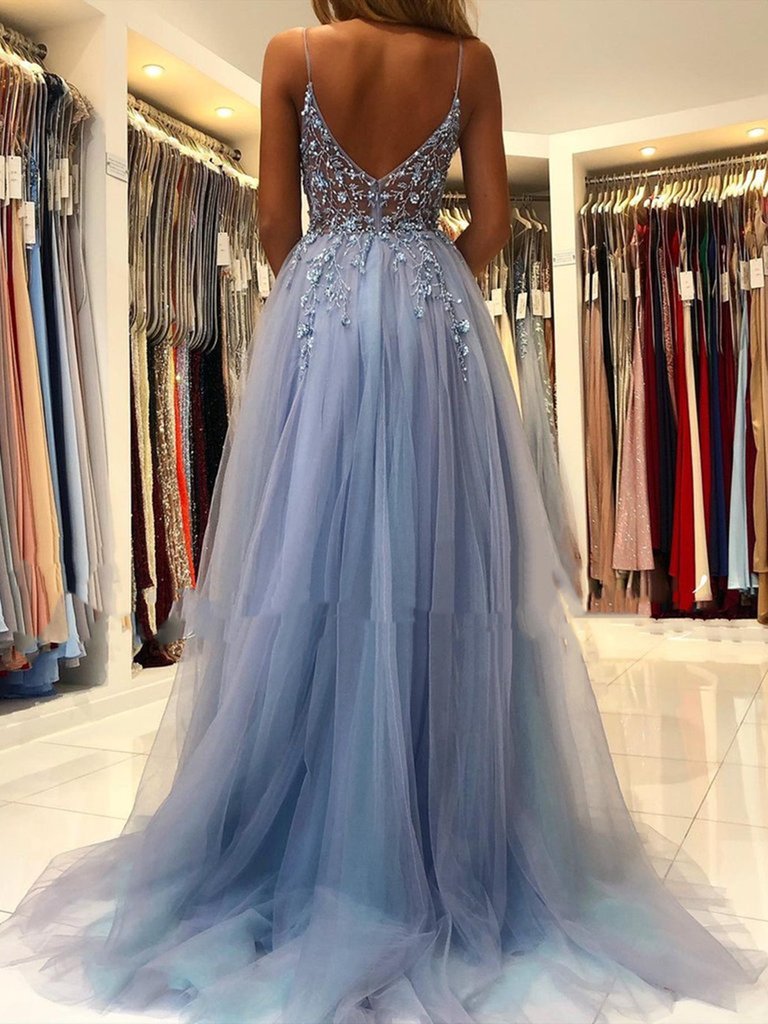 Gorgeous V Neck Open Back Smoky Gray Beaded Long Formal Prom Dresses, High Slit Smoky Grey Long Formal Evening Dresses