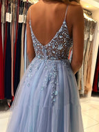 Gorgeous V Neck Open Back Smoky Gray Beaded Long Formal Prom Dresses, High Slit Smoky Grey Long Formal Evening Dresses