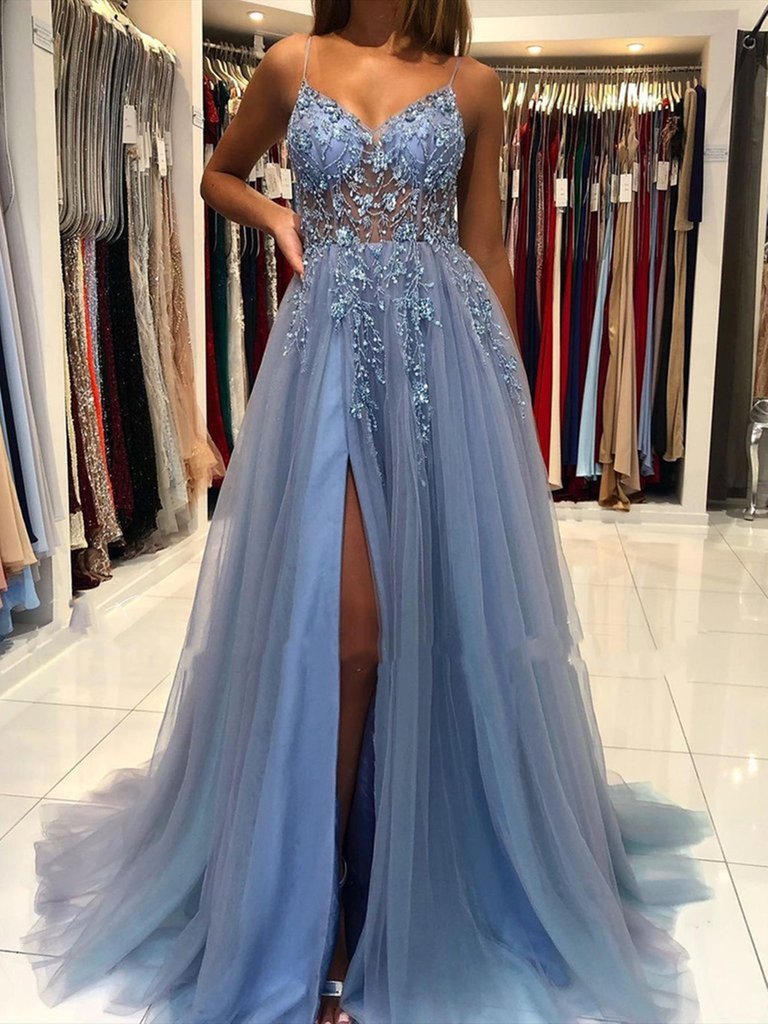 Gorgeous V Neck Open Back Smoky Gray Beaded Long Formal Prom Dresses, High Slit Smoky Grey Long Formal Evening Dresses Main image