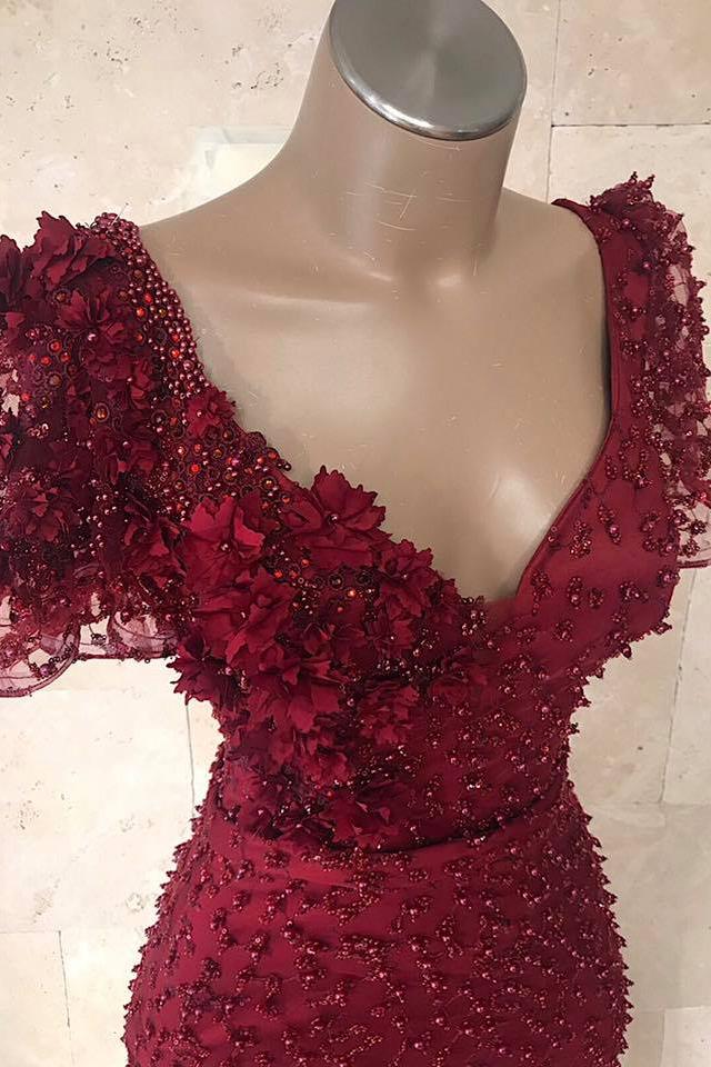 Gorgeous V-Neck Short Sleeves Beading Flower Mermaid Floor-Length Prom Dresses Secondary image