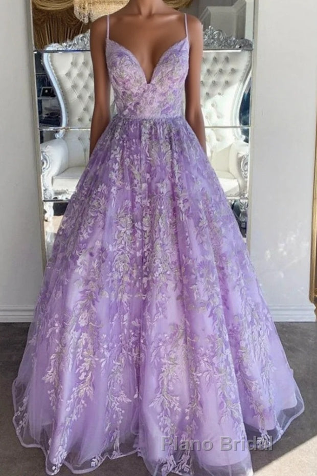Gorgeous V Neck Thin Straps Purple Long Formal Prom Dress, V Neck Purple Formal Evening Dress, Purple Ball Gown