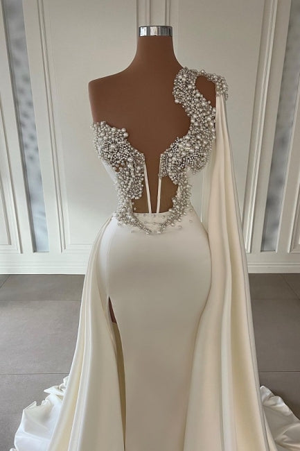 Gorgeous White A-Line One Shoulder Graduation Dresses Long Glitter Prom Dresses With Split Online
