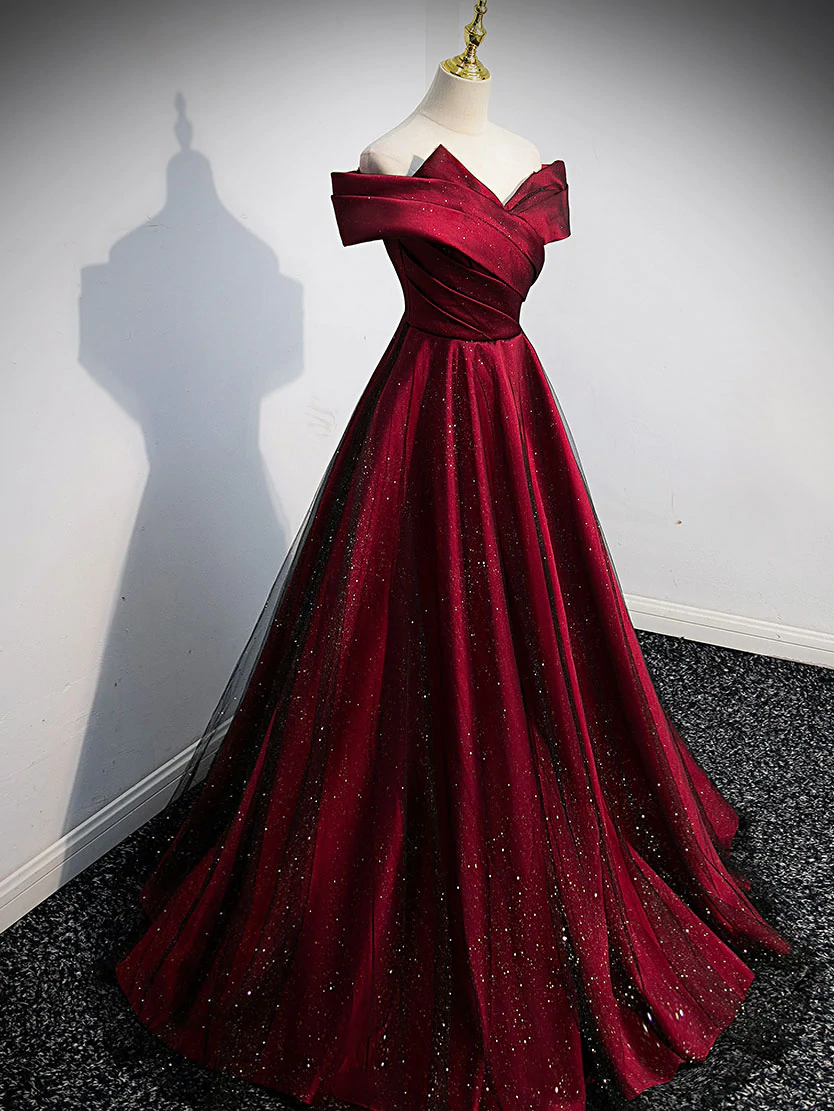 Gorgeous Wine Red Satin Off Shoulder Party Dresses , Beautiful Wine Red Formal Prom Dresses
