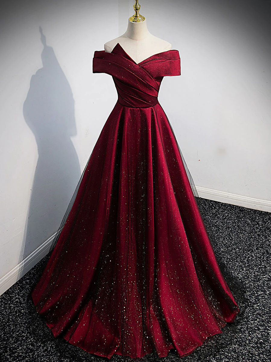 Gorgeous Wine Red Satin Off Shoulder Party Dresses , Beautiful Wine Red Formal Prom Dresses Main image