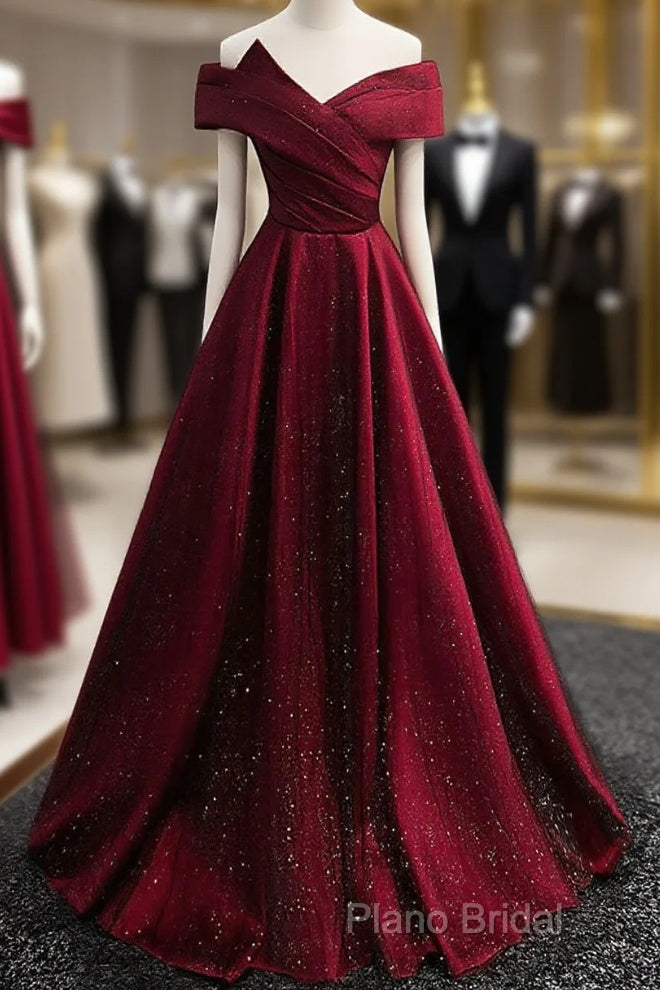 Gorgeous Wine Red Satin Off Shoulder Party Dresses , Beautiful Wine Red Formal Prom Dresses