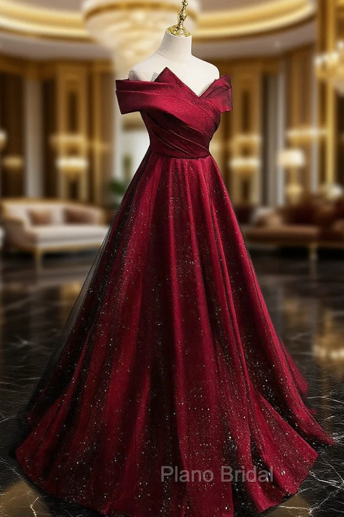 Gorgeous Wine Red Satin Off Shoulder Party Dresses , Wine Red Formal Prom Dresses Main image
