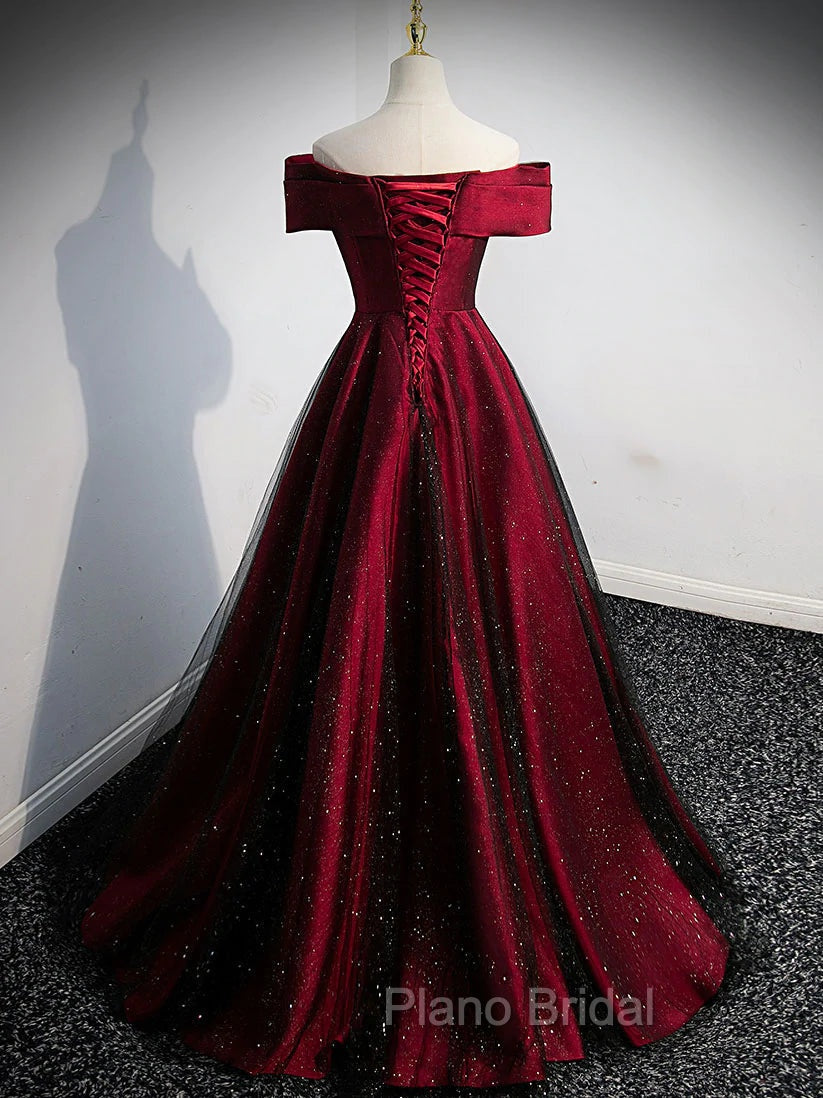 Gorgeous Wine Red Satin Off Shoulder Party Dresses , Wine Red Formal Prom Dresses