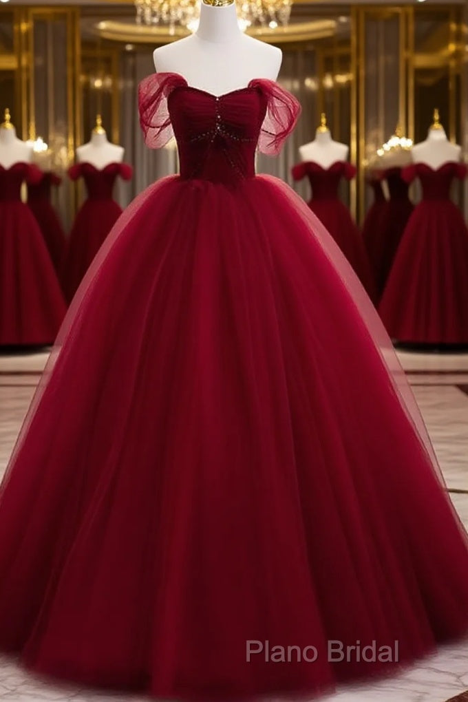 Gorgeous Wine Red Tulle Ball Gown Long Formal Prom Dresses Formal Dresses, Burgundy Sweet 16 Dresses Main image