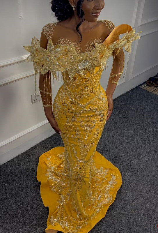 Gorgeous Yellow Beaded Mermaid Formal Evening Dresses Long Formal Prom Dresses Main image