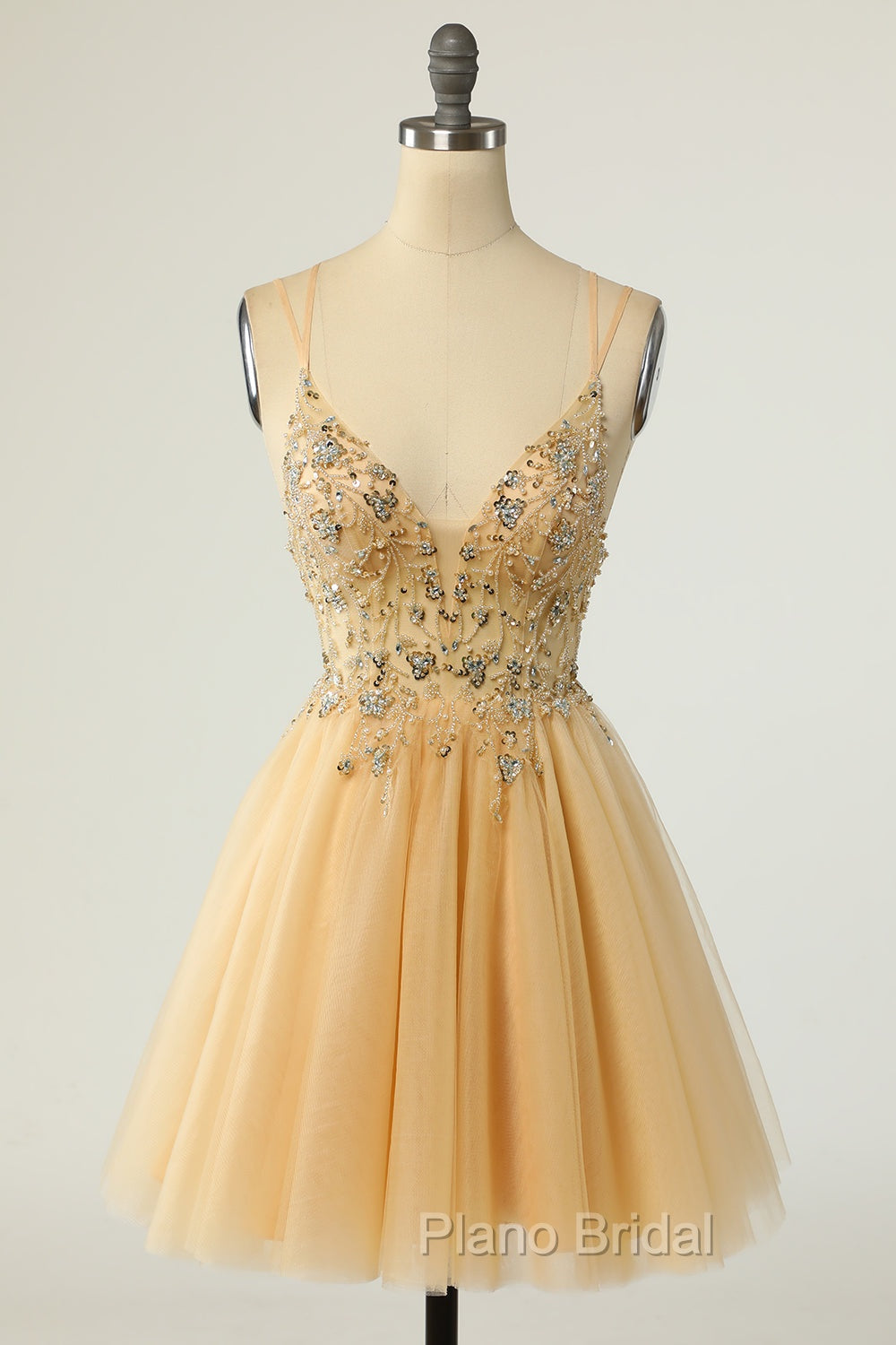 Gorgeous Yellow Homecoming Dresses A Line Spaghetti Straps Short Formal Prom Dresses with Beading Secondary image