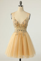 Gorgeous Yellow Homecoming Dresses A Line Spaghetti Straps Short Formal Prom Dresses with Beading