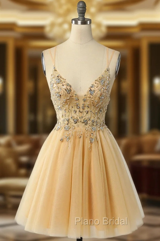Gorgeous Yellow Homecoming Dresses A Line Spaghetti Straps Short Formal Prom Dresses with Beading Main image
