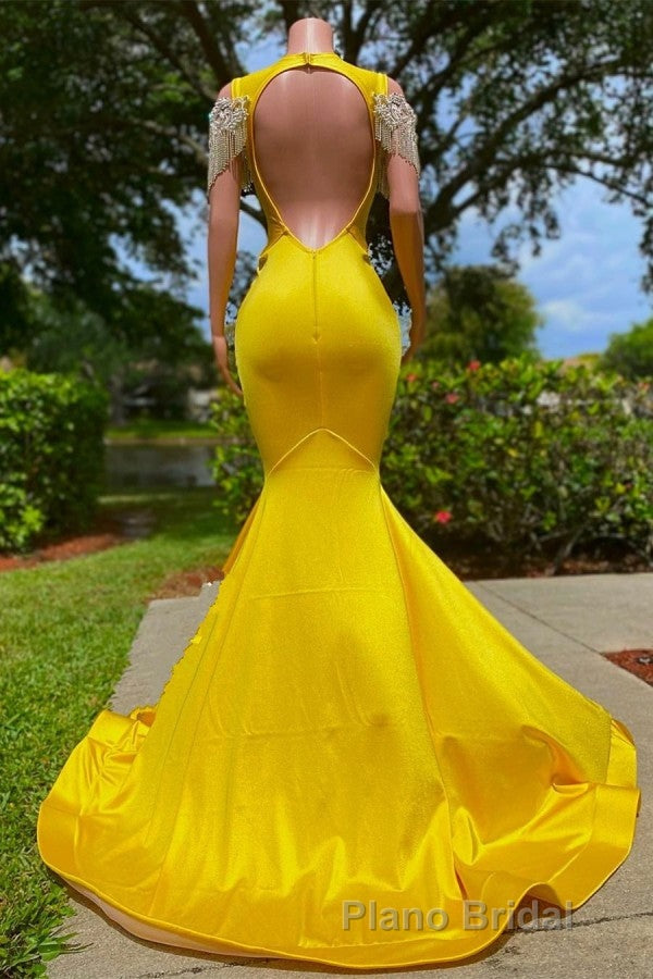 Gorgeous Yellow Long Mermaid Tassel Off the Shoulder Satin Backless Formal Prom Dresses with Ruffles Secondary image