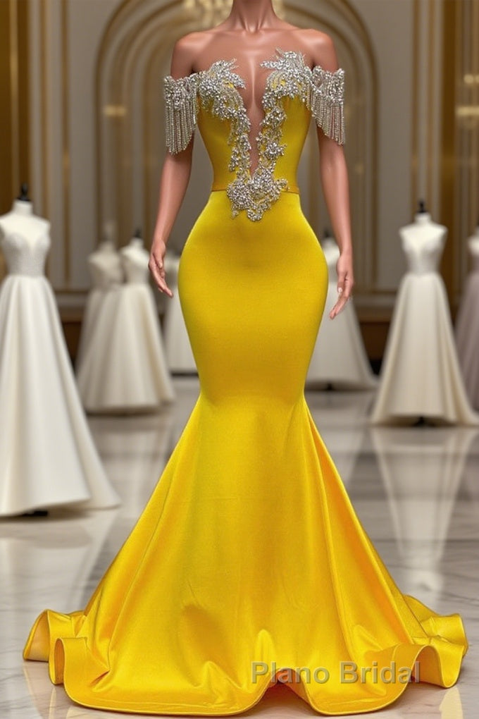 Gorgeous Yellow Long Mermaid Tassel Off the Shoulder Satin Backless Formal Prom Dresses with Ruffles Main image