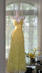 Gorgeous Butter Yellow Spaghetti Straps A-Line Tulle Beaded Long Formal Prom Dresses Backless Formal Evening Gowns