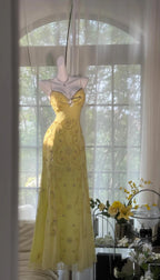Gorgeous Butter Yellow Spaghetti Straps A-Line Tulle Beaded Long Formal Prom Dresses Backless Formal Evening Gowns
