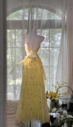 Gorgeous Butter Yellow Spaghetti Straps A-Line Tulle Beaded Long Formal Prom Dresses Backless Formal Evening Gowns