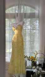 Gorgeous Butter Yellow Spaghetti Straps A-Line Tulle Beaded Long Formal Prom Dresses Backless Formal Evening Gowns