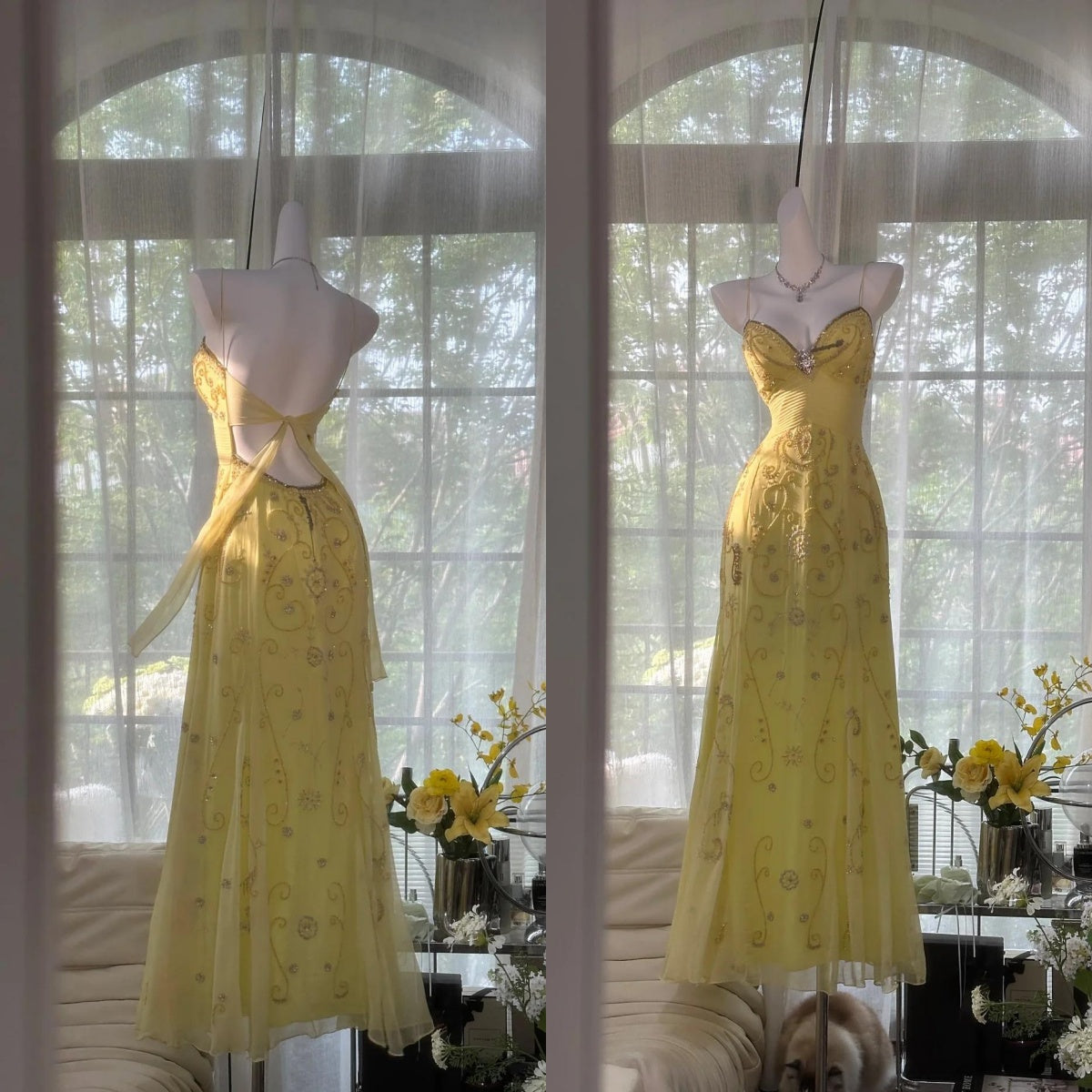 Gorgeous Butter Yellow Spaghetti Straps A-Line Tulle Beaded Long Formal Prom Dresses Backless Formal Evening Gowns