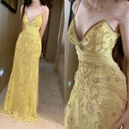 Gorgeous Butter Yellow Spaghetti Straps A-Line Tulle Beaded Long Formal Prom Dresses Backless Formal Evening Gowns