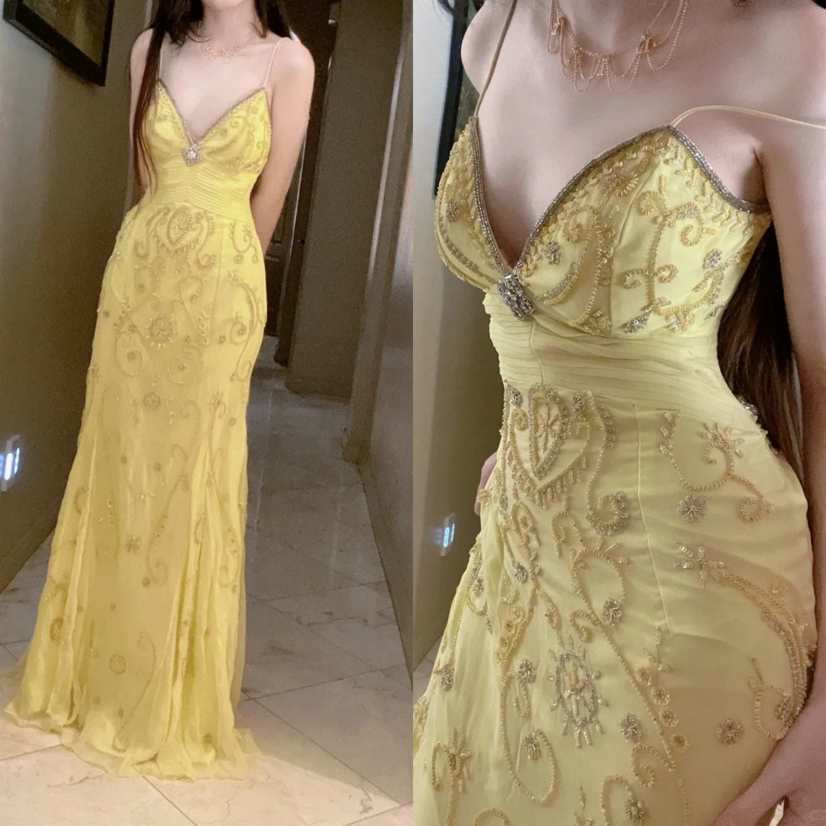 Gorgeous Butter Yellow Spaghetti Straps A-Line Tulle Beaded Long Formal Prom Dresses Backless Formal Evening Gowns