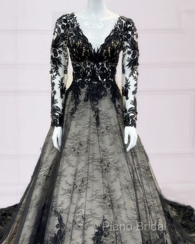 Gothic Black Lace Wedding Dresses Long Sleeves