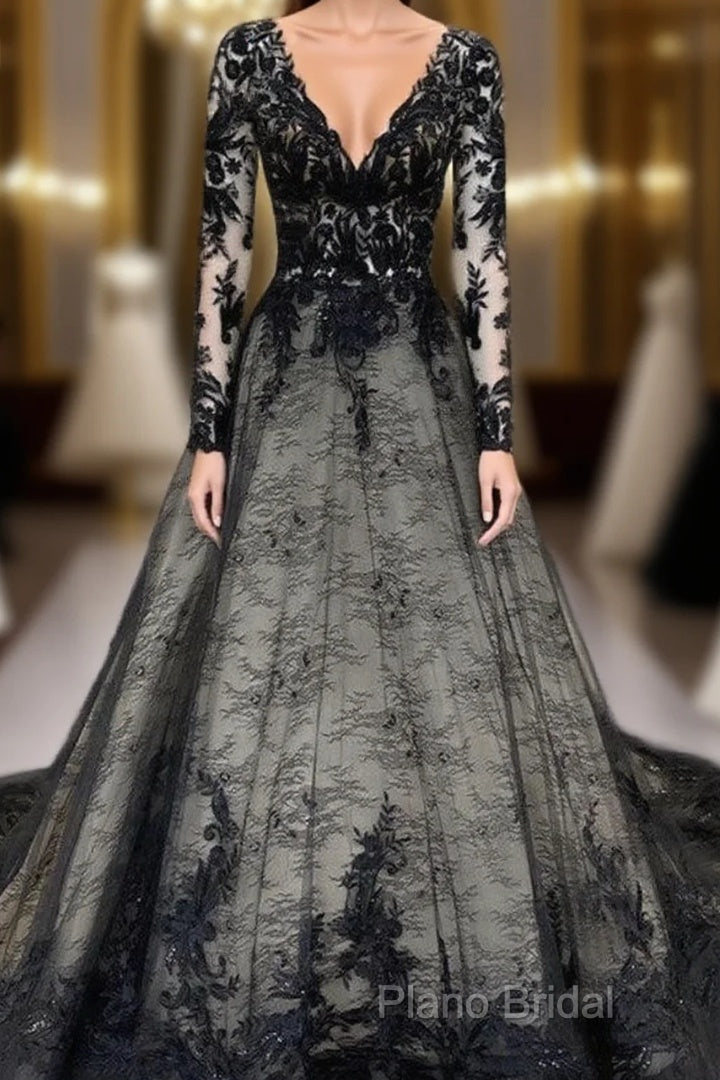 Gothic Black Lace Wedding Dresses Long Sleeves Main image