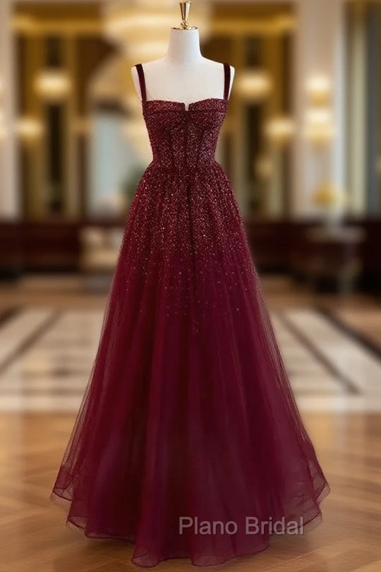 Gothic Burgundy Spaghetti Straps Sequins Beaded Formal Prom Dresses Tulle Party Evening Dresses