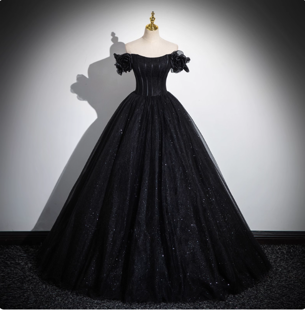 Gothic Court Black Off-The-Shoulder Shimmer Tulle Ball Gown Prom Dresses Sweet 16 Dresses Secondary image