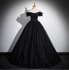 Gothic Court Black Off-The-Shoulder Shimmer Tulle Ball Gown Prom Dresses Sweet 16 Dresses