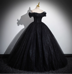 Gothic Court Black Off-The-Shoulder Shimmer Tulle Ball Gown Prom Dresses Sweet 16 Dresses
