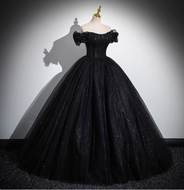 Gothic Court Black Off-The-Shoulder Shimmer Tulle Ball Gown Prom Dresses Sweet 16 Dresses