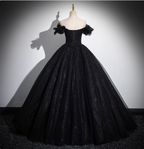 Gothic Court Black Off-The-Shoulder Shimmer Tulle Ball Gown Prom Dresses Sweet 16 Dresses