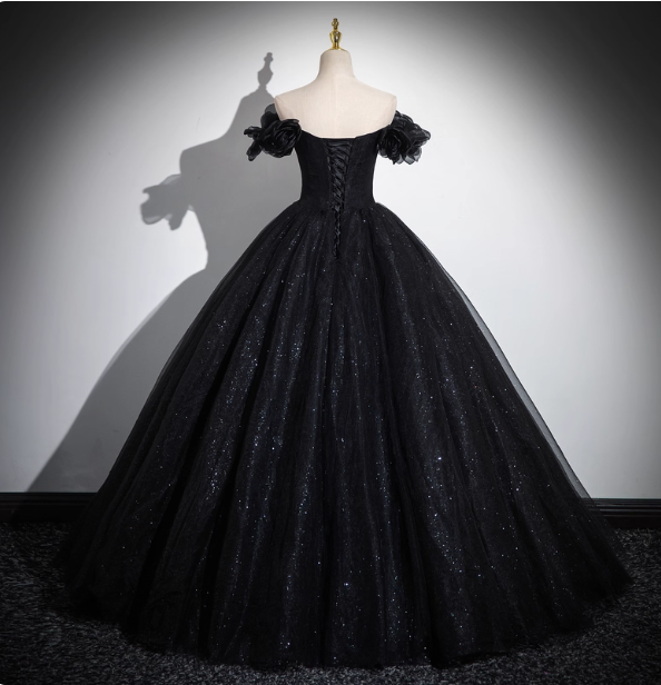 Gothic Court Black Off-The-Shoulder Shimmer Tulle Ball Gown Prom Dresses Sweet 16 Dresses