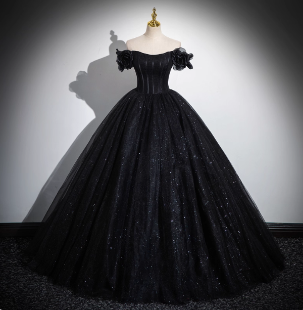 Gothic Court Black Off-The-Shoulder Shimmer Tulle Ball Gown Prom Dresses Sweet 16 Dresses