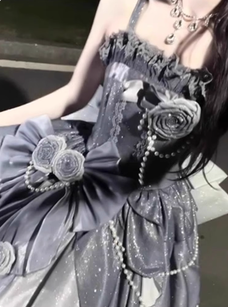 Gothic Sweet & Cool Silver Gray Spaghetti Strap 3D Floral Bow Sequined Satin Formal Prom Dresses Secondary image