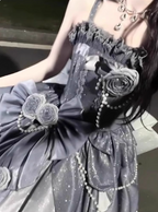 Gothic Sweet & Cool Silver Gray Spaghetti Strap 3D Floral Bow Sequined Satin Formal Prom Dresses
