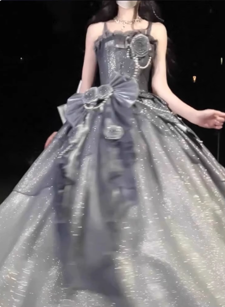 Gothic Sweet & Cool Silver Gray Spaghetti Strap 3D Floral Bow Sequined Satin Formal Prom Dresses