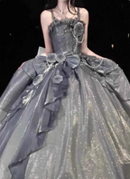 Gothic Sweet & Cool Silver Gray Spaghetti Strap 3D Floral Bow Sequined Satin Formal Prom Dresses