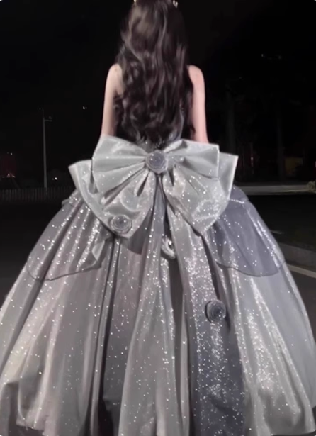 Gothic Sweet & Cool Silver Gray Spaghetti Strap 3D Floral Bow Sequined Satin Formal Prom Dresses