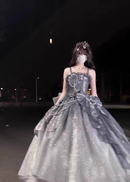 Gothic Sweet & Cool Silver Gray Spaghetti Strap 3D Floral Bow Sequined Satin Formal Prom Dresses Main image
