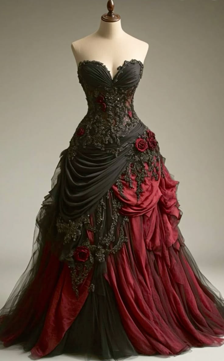 Gothic Victorian Wedding Dresses, Pleated Floral Rose 3D Custom Black Burgundy Gown Main image
