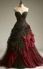 Gothic Victorian Wedding Dresses, Pleated Floral Rose 3D Custom Black Burgundy Gown
