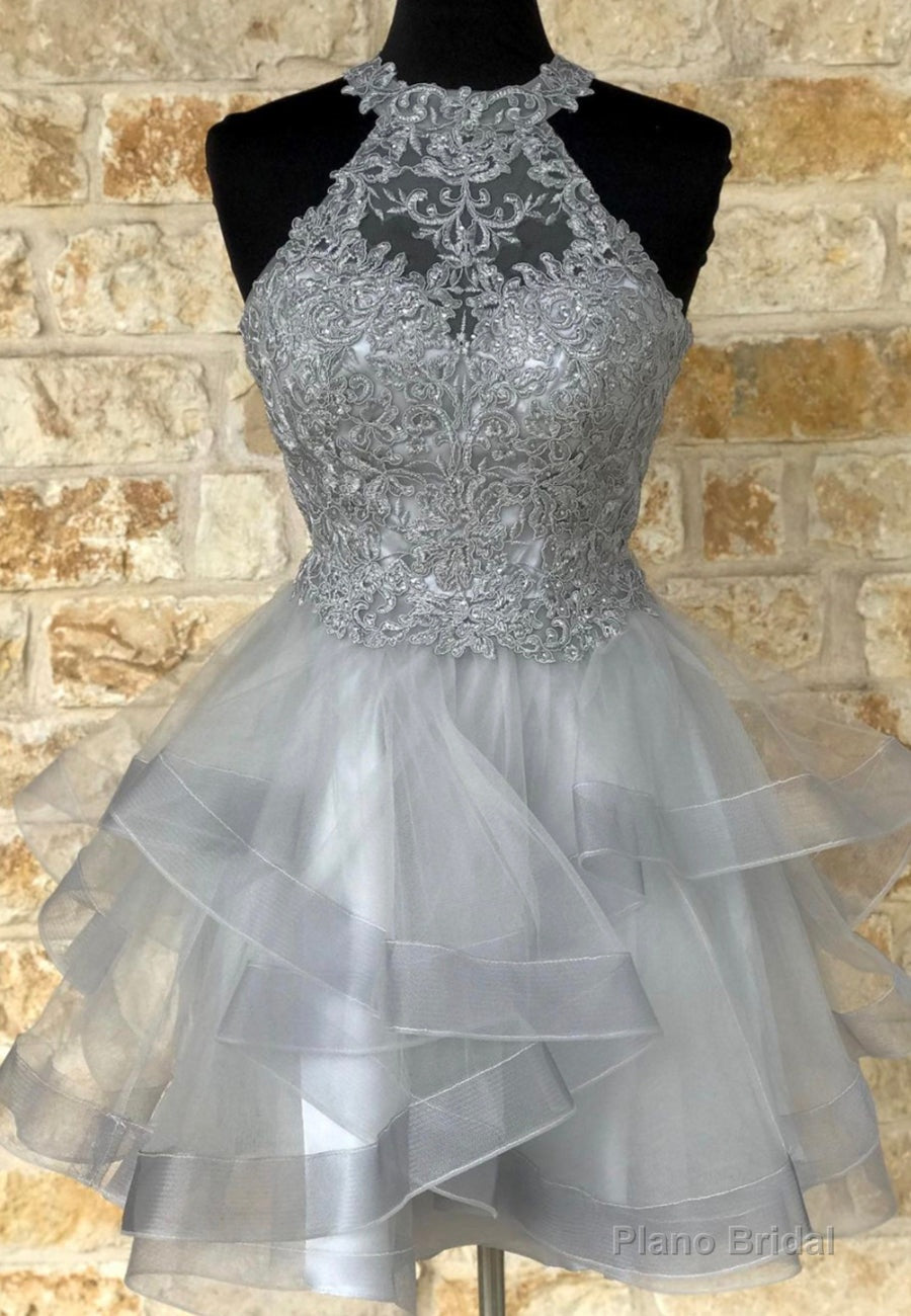 Grey Lace Short Prom Dresses, A-Line Homecoming Dresses Main image