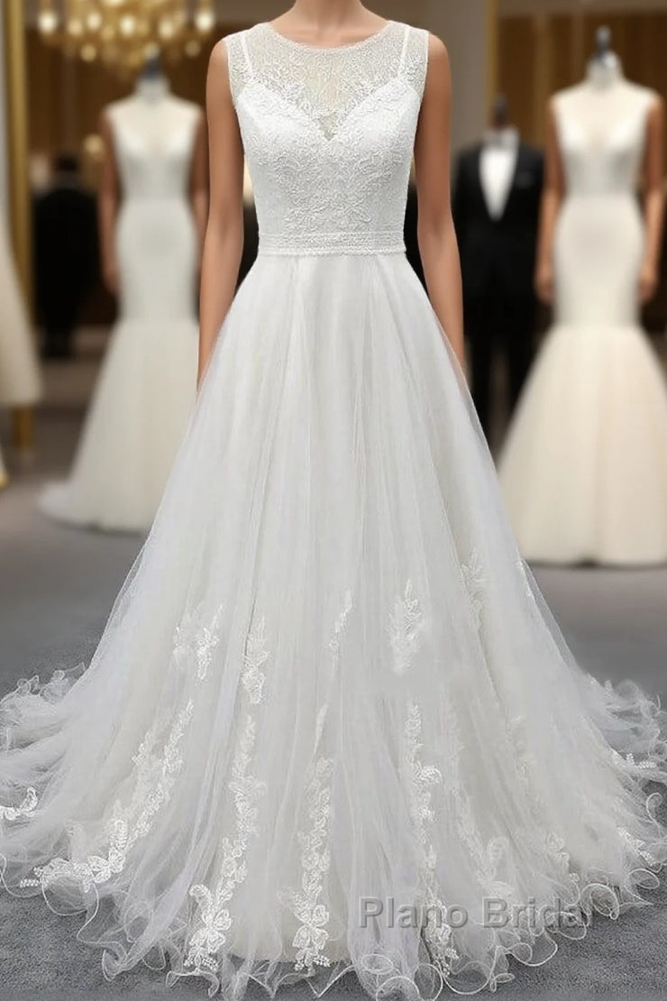 Graceful Long A-line Appliques Tulle Backless Wedding Dress Main image