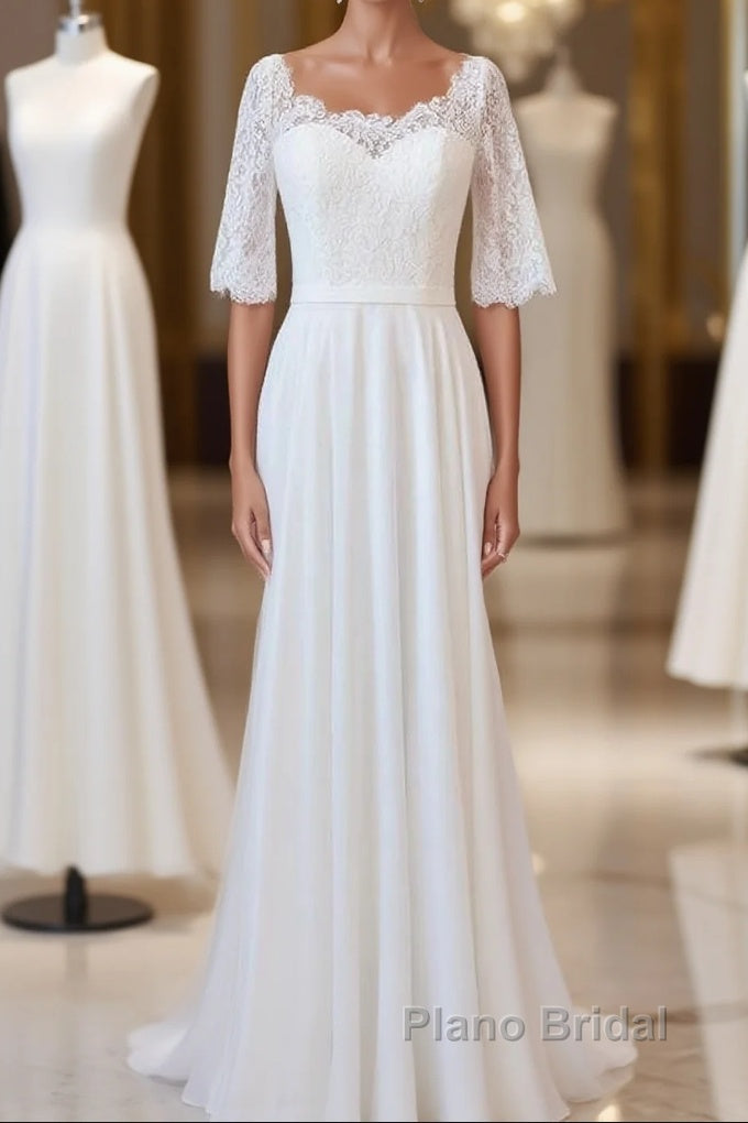 Graceful Long A-line Lace Chiffon Wedding Dress with Sleeves