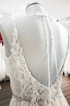 Graceful Long A-line Tulle V-neck Lace Backless Wedding Dresses